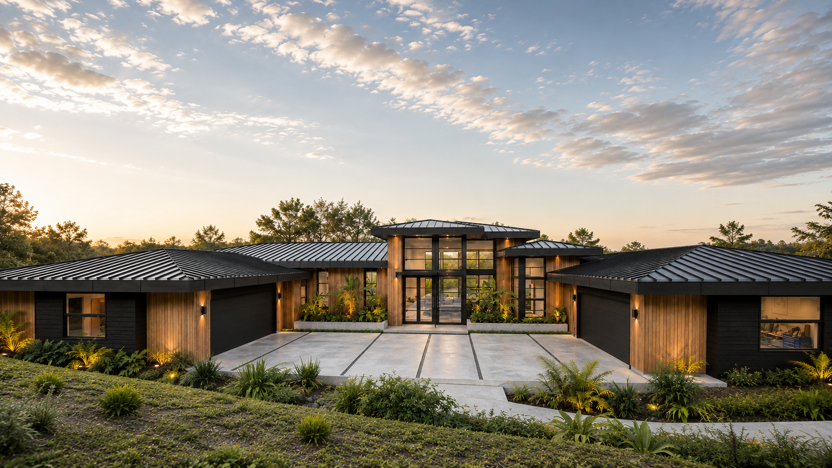 Front elevation rendering with warm wood siding, dark rooflines and a central glazed entry