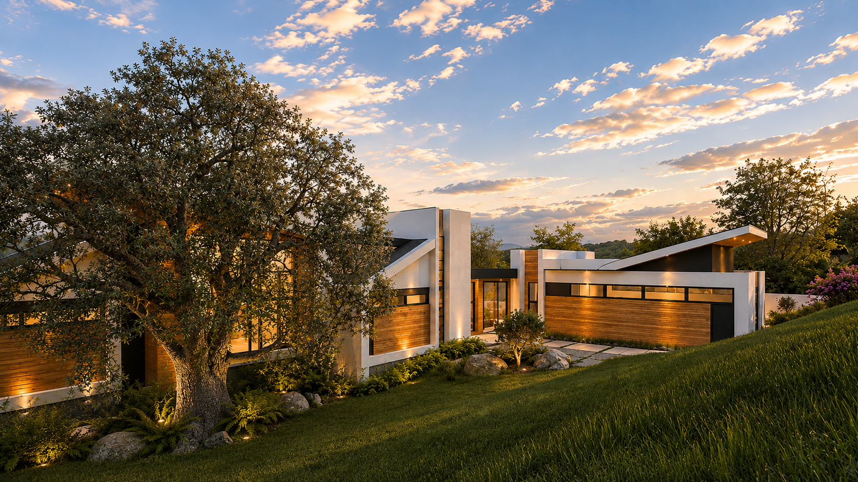 Front approach rendering of the unbuilt residence on a landscaped slope