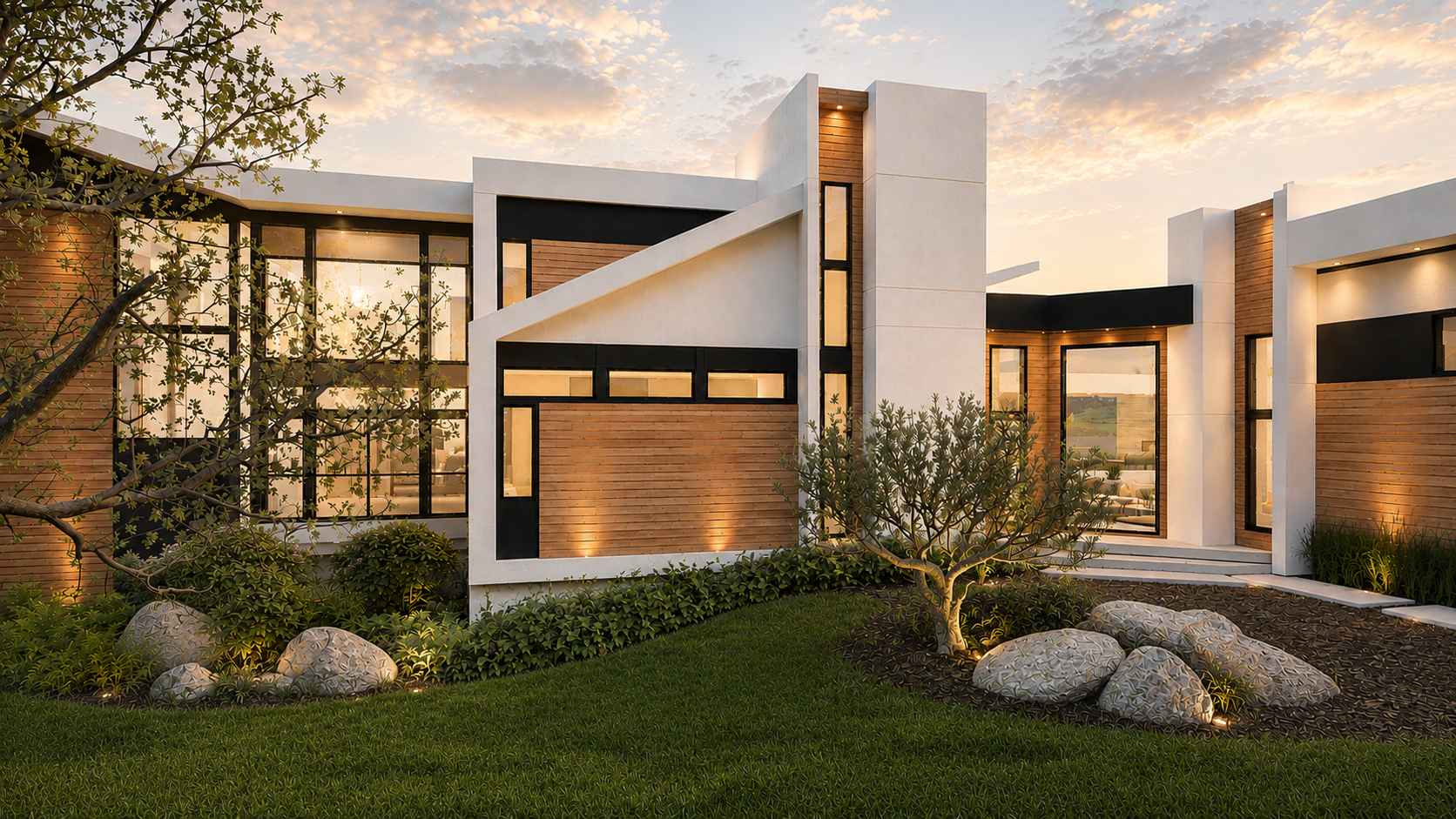 Entry detail rendering with pale walls, wood cladding and dark window frames