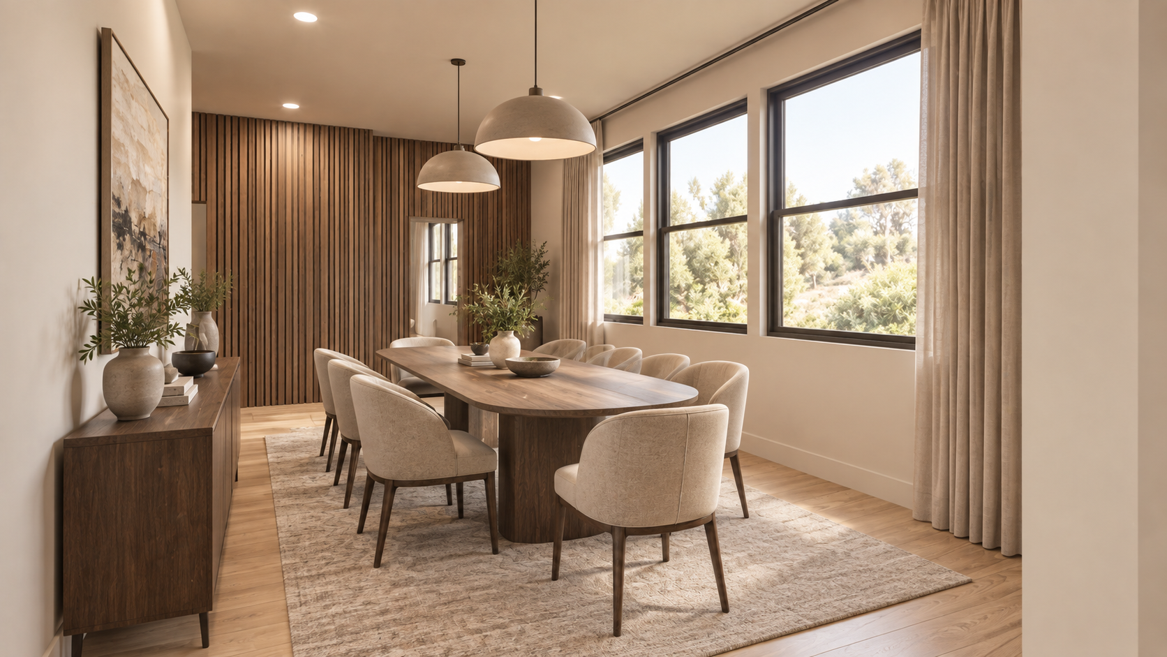 Dining room rendering with warm wood finishes and large windows