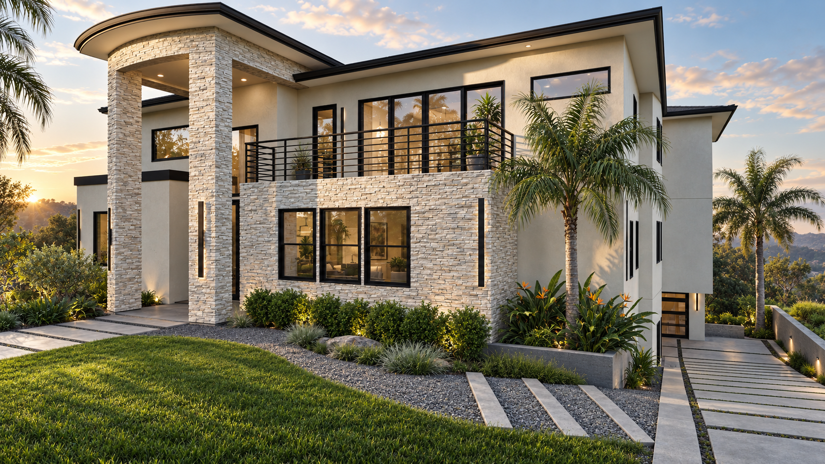 Design rendering of Terrace House with pale stone, dark-framed windows and a sheltered entry