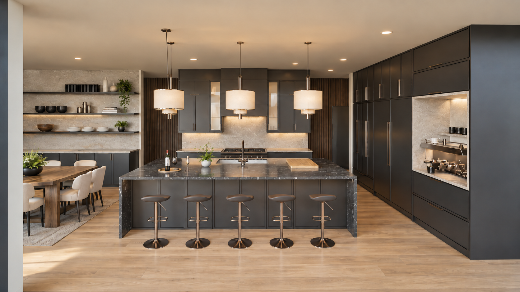 Kitchen rendering with dark cabinetry, a broad island and pendant lighting