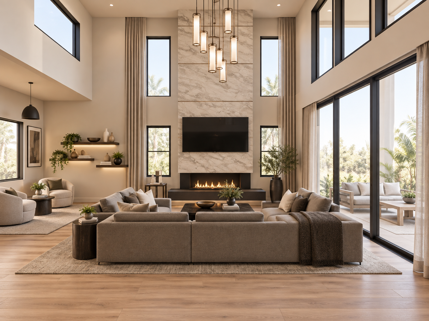 Double-height living room rendering with tall windows and a central fireplace