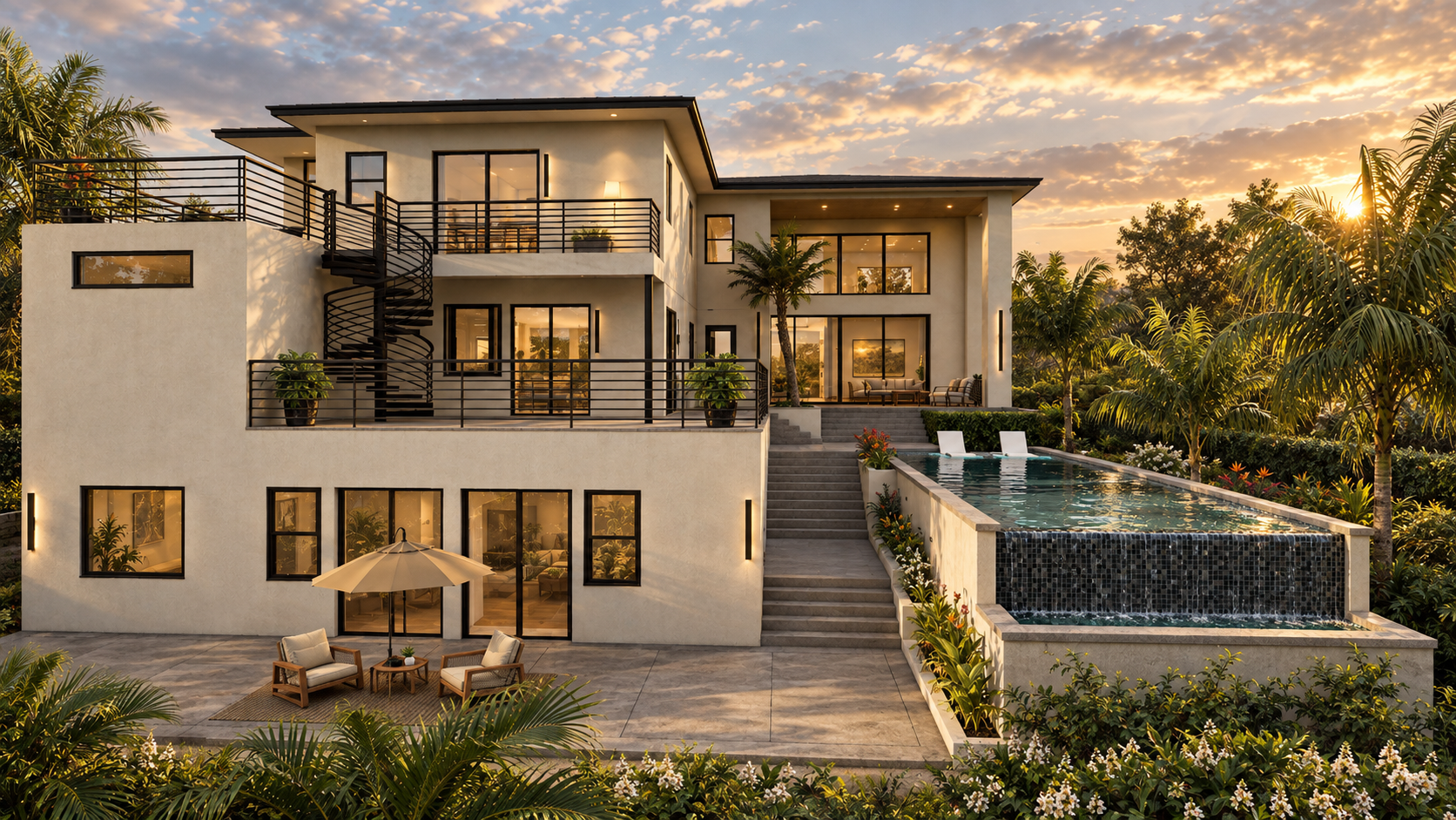 Rear rendering of Terrace House with stepped outdoor living areas and a raised pool terrace