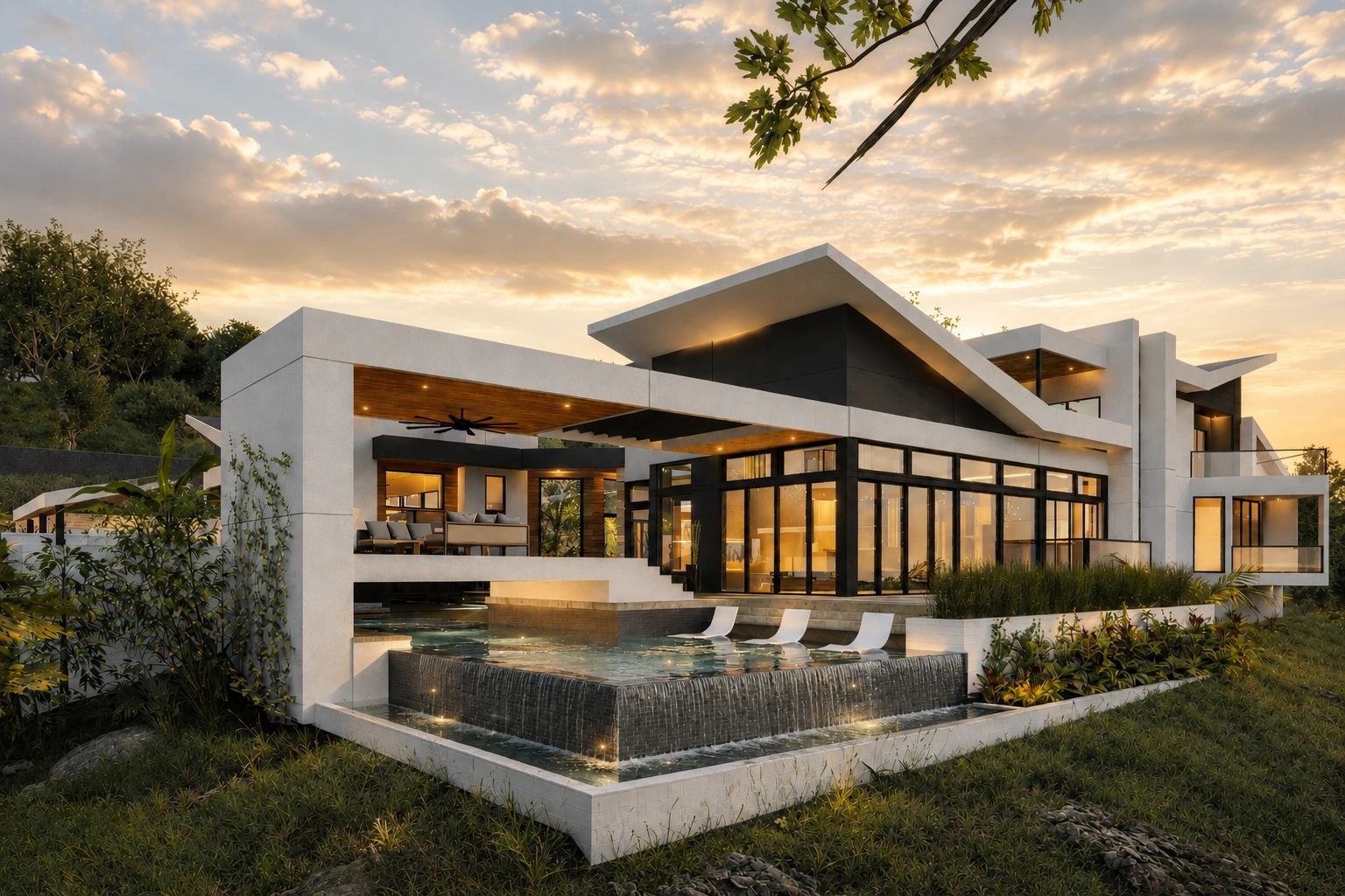 Rendering of an unbuilt client residence with sculptural rooflines and a pool terrace