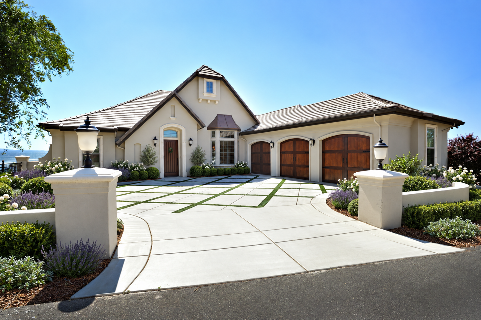 French Country House front elevation with digitally enhanced landscaping