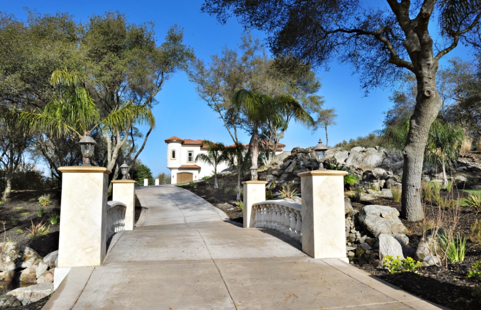 Bridge approach framed by palms and mature planting