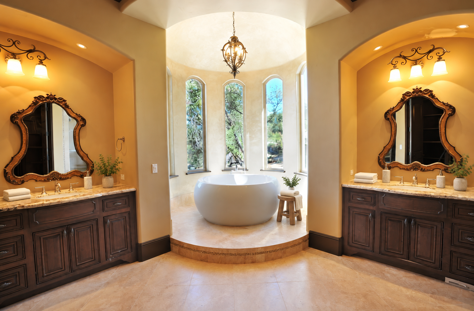 Primary bathroom with a freestanding tub between paired vanities