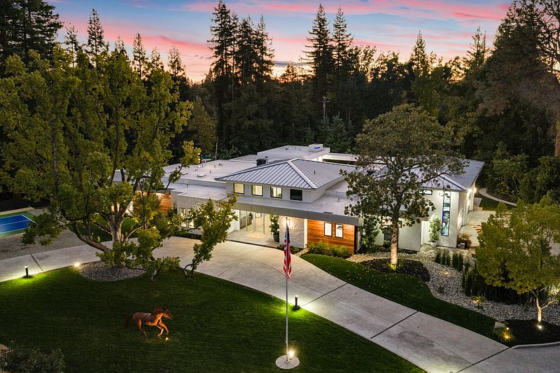 Aerial twilight view of the Winding Creek Residence