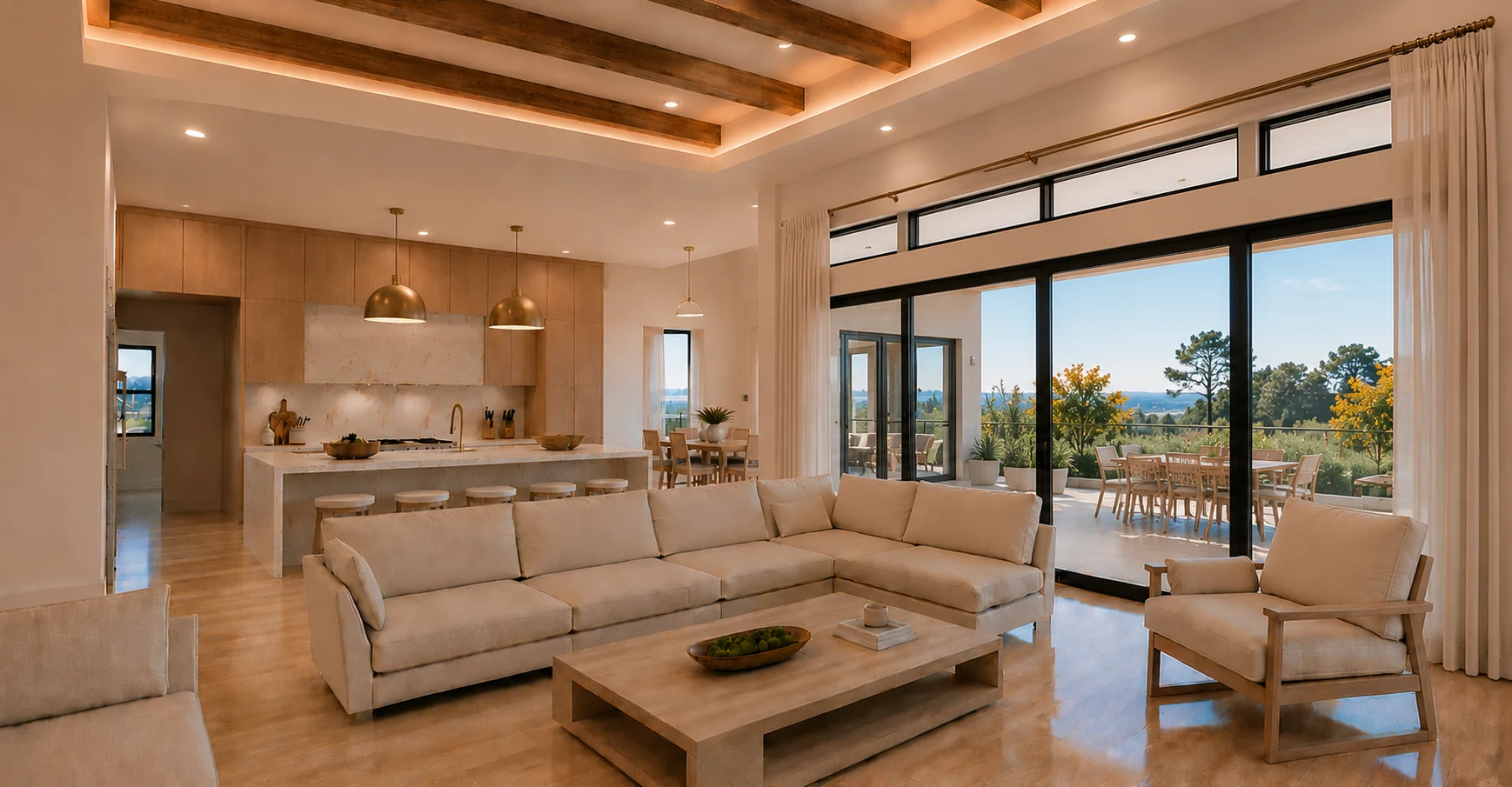 Kimberlite Retreat: great room and outdoor connection rendering