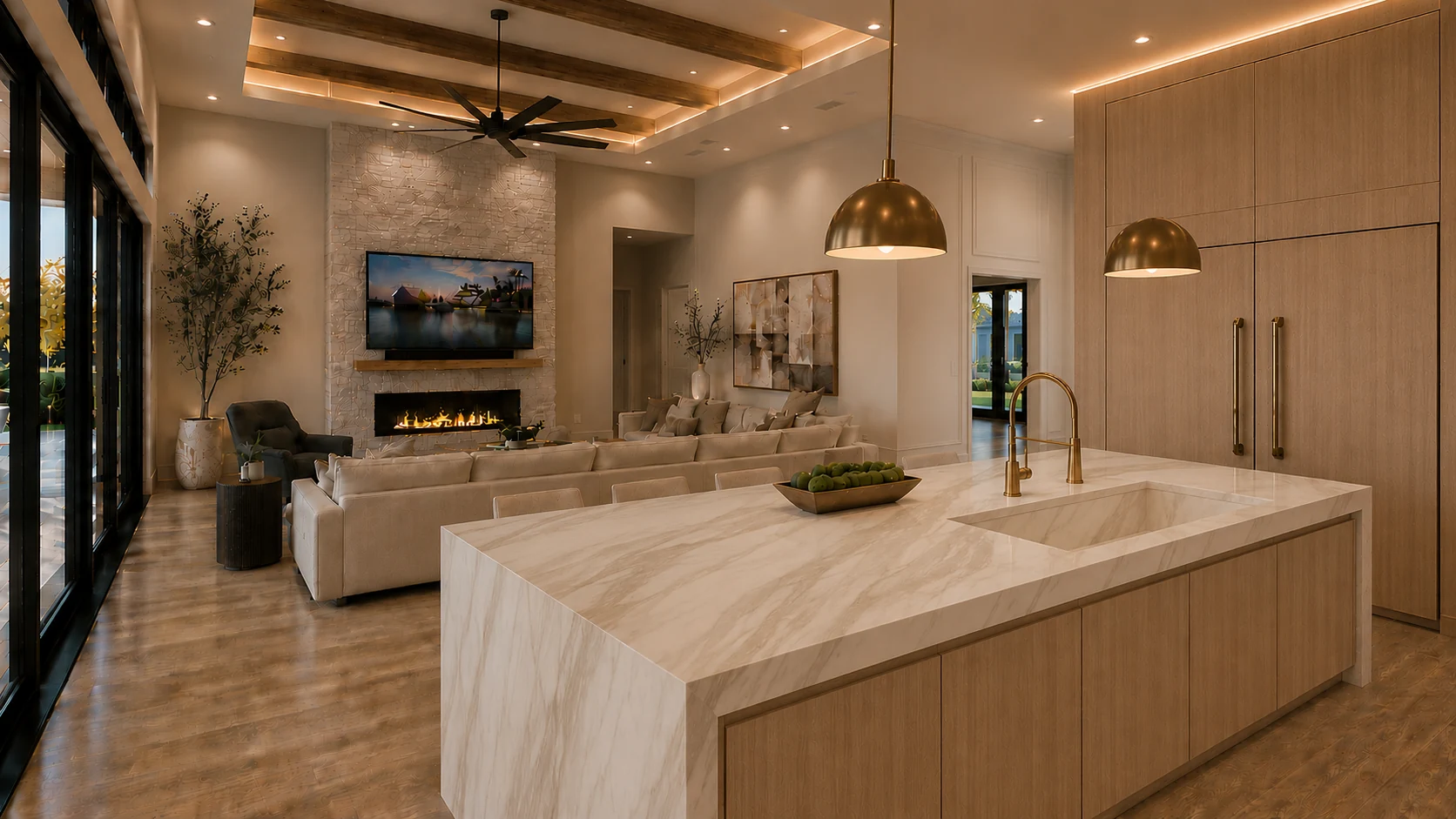 Kimberlite Retreat: island kitchen and great room rendering