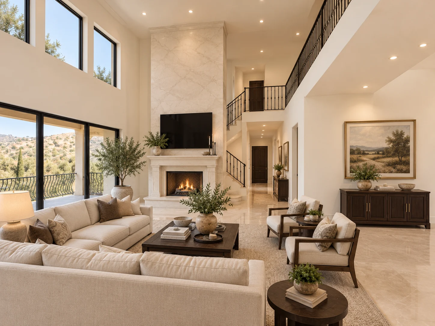 Mediterranean Ridge: two-story great room and fireplace rendering