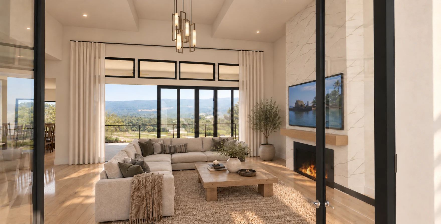 Tiburon House: great room from the front entry rendering