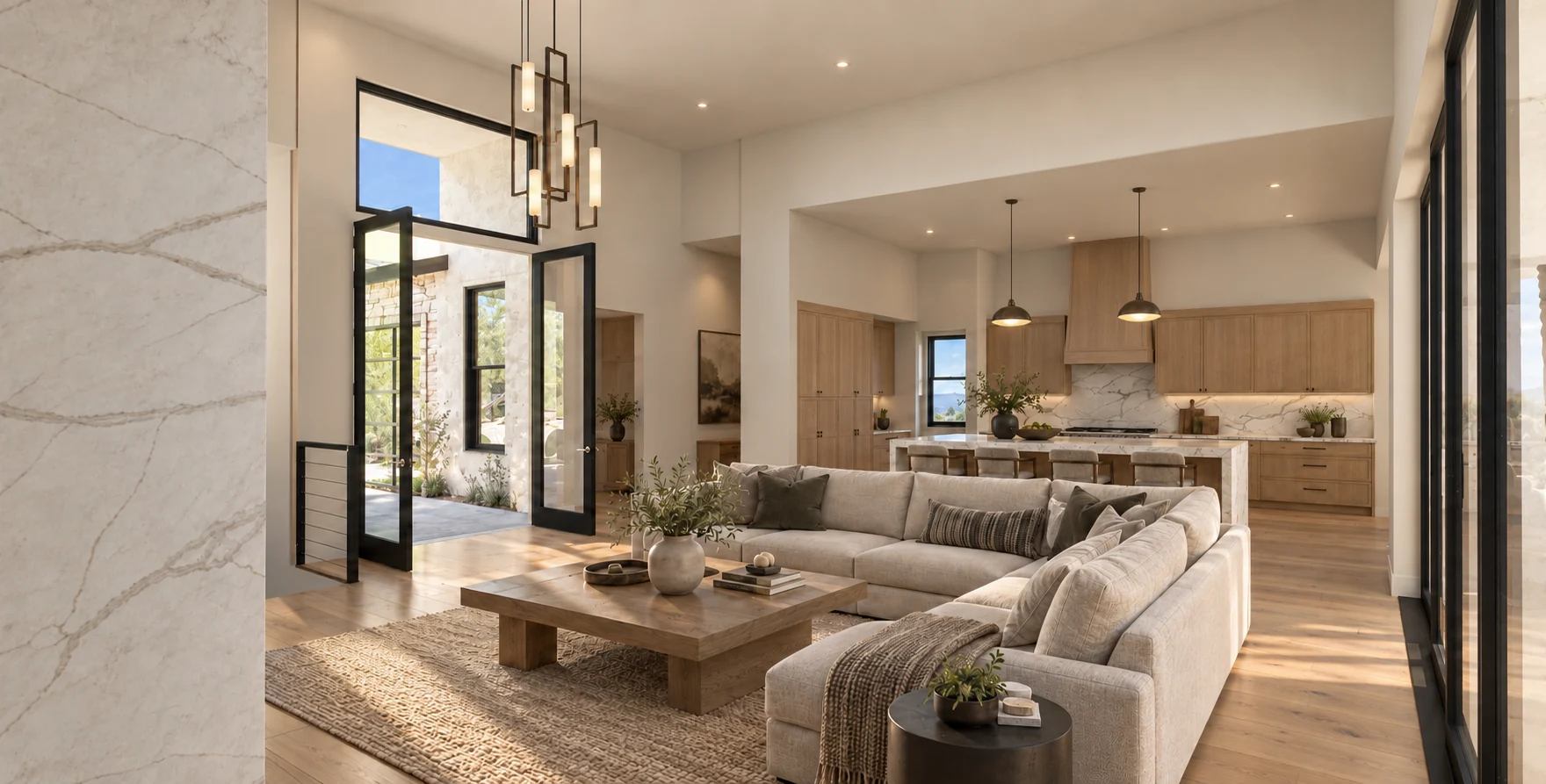 Tiburon House: great room and natural wood kitchen rendering